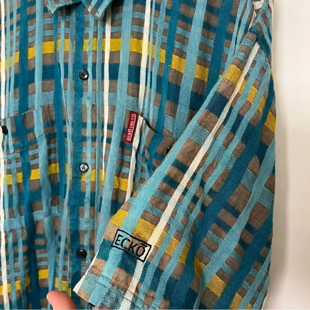 Ecko Unltd Shirt Mens XL Blue Plaid Button Up Short Sleeve Pockets Outdoor Logo